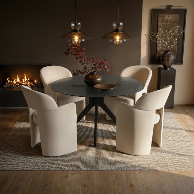 SOLACE+CO Emil & Estella Round Black Mottled Glass Dining Table with 4 Beige Chairs - image 1