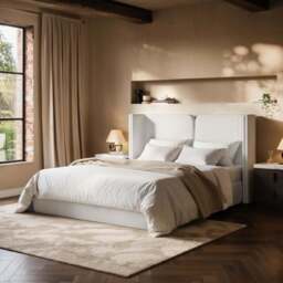 Solace+Co  Lumen Ottoman Bed with LED Winged Headboard Cream Double