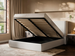 Solace+Co  Lumen Ottoman Bed with LED Winged Headboard Cream Double - thumbnail 3