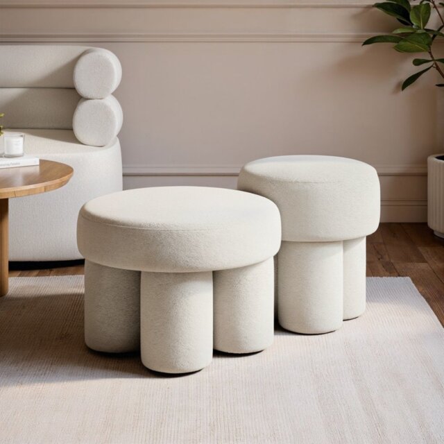 SOLACE+CO Ferro Round Pouffe Set Beige Sherpa Fleece - image 1