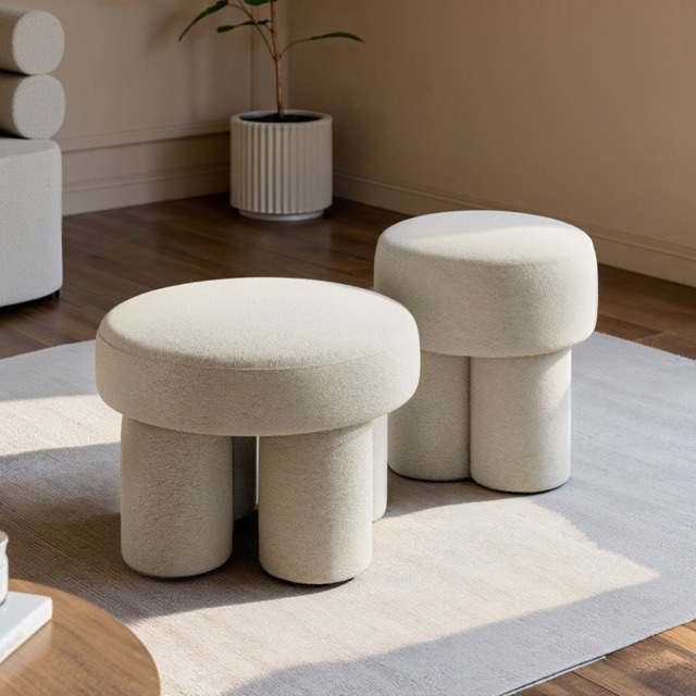 SOLACE+CO Ferro Set of 2 Upholstered Pouffe Stools Beige Sherpa Fleece - image 1