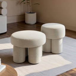 SOLACE+CO Ferro Set of 2 Upholstered Pouffe Stools Beige Sherpa Fleece - thumbnail 1