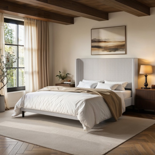 SOLACE+CO Jovanna Striped Bed Frame with Winged Headboard Woven Fabric Brown Kingsize - image 1