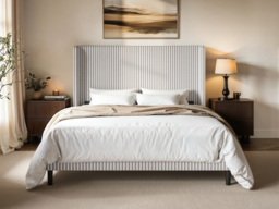 SOLACE+CO Jovanna Striped Bed Frame with Winged Headboard Woven Fabric Brown Kingsize - thumbnail 2