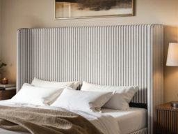 SOLACE+CO Jovanna Striped Bed Frame with Winged Headboard Woven Fabric Brown Kingsize - thumbnail 3