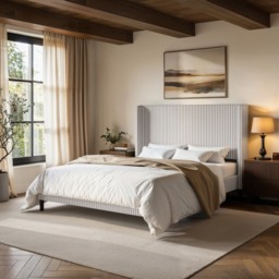 SOLACE+CO Jovanna Striped Bed Frame with Winged Headboard Woven Fabric Brown Kingsize - thumbnail 1