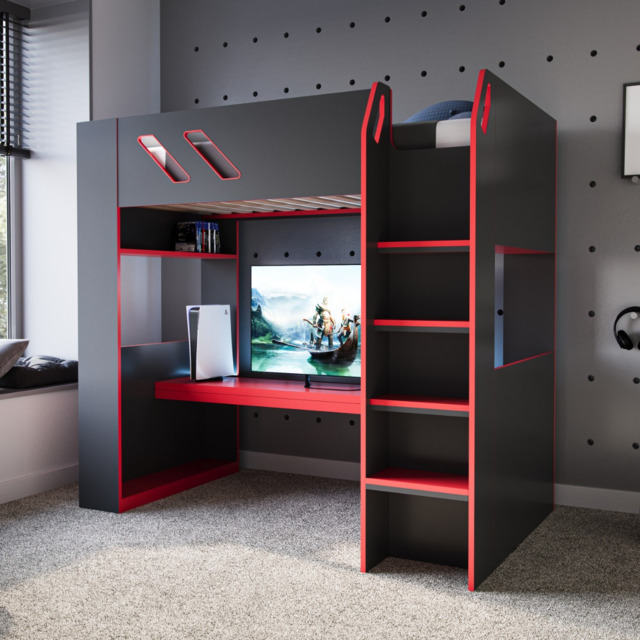 Recoil Orbit Gaming High Sleeper with Adjustable Height Desk Black & Red