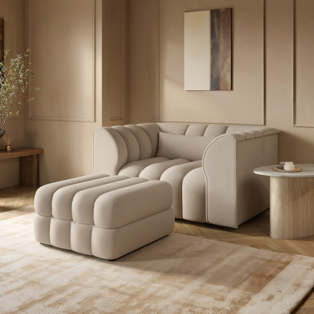 SOLACE+CO Halle Channel Tufted Loveseat with Storage Footstool Beige Chenille - image 1