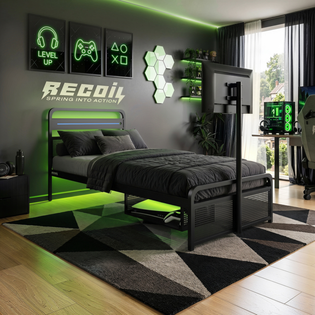 Recoil Panther Metal TV Bed with Storage and LED Headboard Black Metal Single - image 1