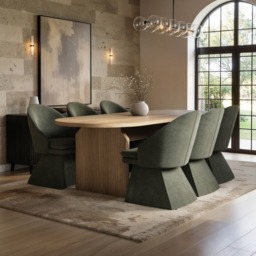 "SOLACE+CO Varm Oak Extendable Table & Aiko Green Chairs Dining Set 6 Chairs " - thumbnail 1