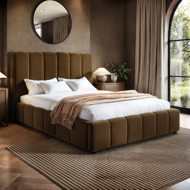 SOLACE+CO Emilie Ribbed Ottoman Double Bed Brown Velvet - image 1