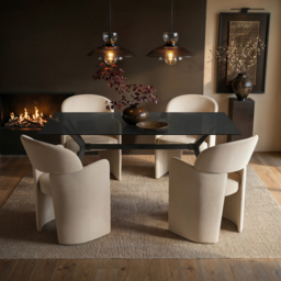 SOLACE+CO Emil & Estella Rectangular Black Mottled Glass Dining Table with 4 Velvet Chairs Beige - thumbnail 1