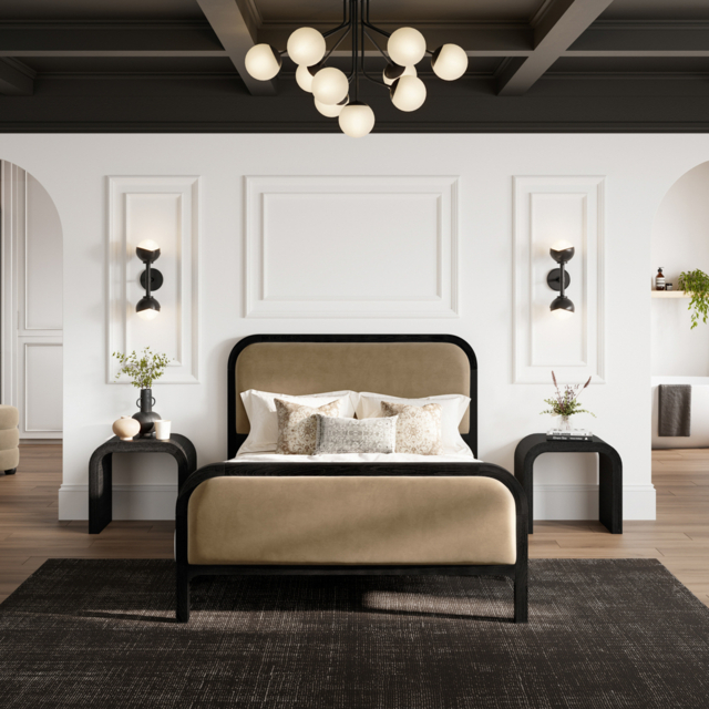 LPD Ines Black Wooden Bed with Mole Velvet Upholstery Double - image 1