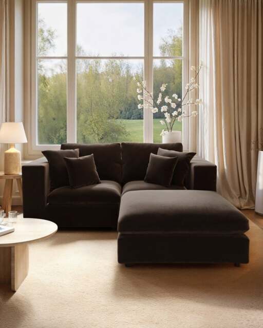 SOLACE+CO Asher 3 Seater Sofa with Reversible Footstool Mocha Velvet - image 1