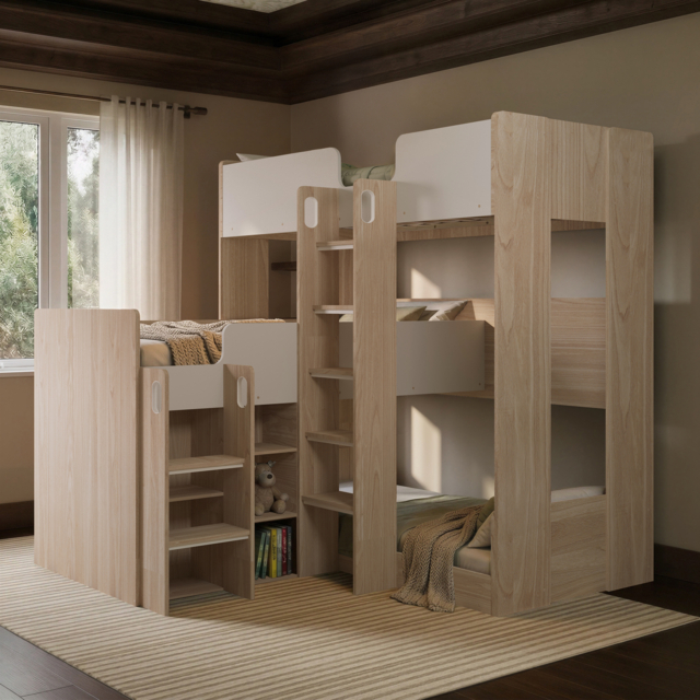 Flair Bode L-Shaped Triple Bunk Bed with Storage Shelves Oak & White - image 1