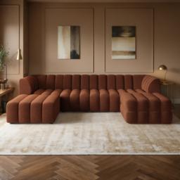 SOLACE+CO Halle Channel Tufted U Shaped Modular Sofa with Storage Footstool Burnt Orange Chenille
