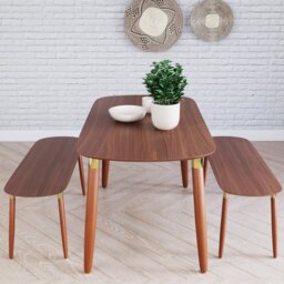 Flair Edelweiss Mid Century Dining Table and Bench Set Walnut & Brass