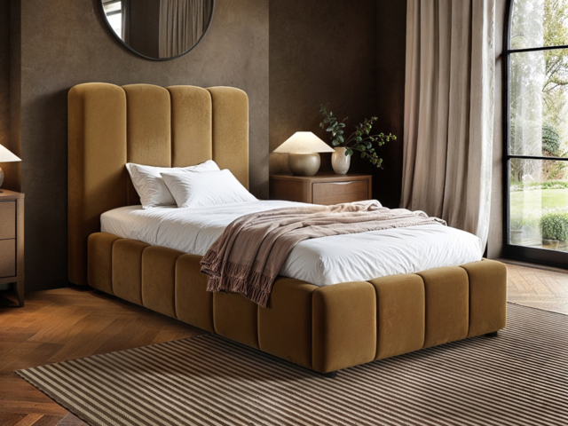 SOLACE+CO Emilie Single Ribbed Ottoman Bed Caramel Velvet - image 1