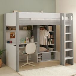 Flair Hampton Single High Sleeper Bed with Desk & Wardrobe White & Grey - thumbnail 1