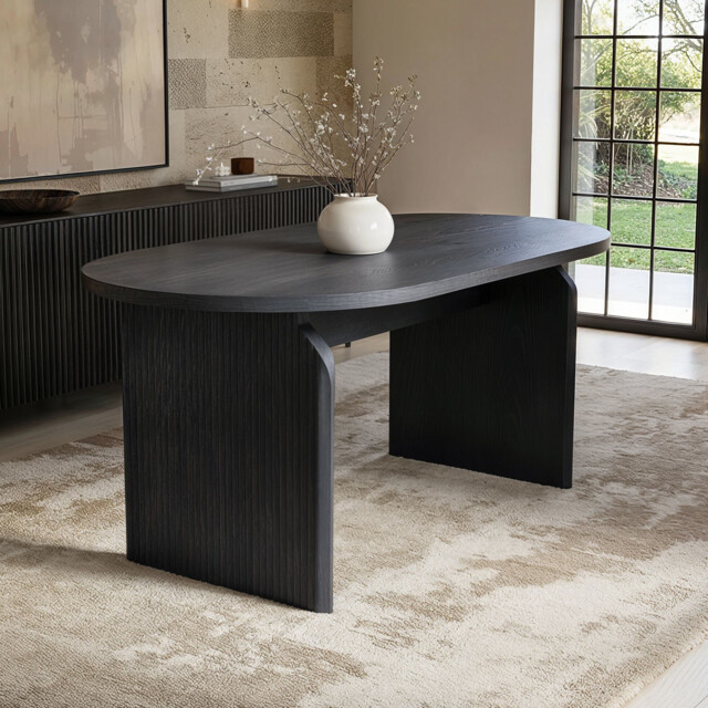 "SOLACE+CO Varm Wood Effect Ribbed Oval Dining Table Black " - image 1