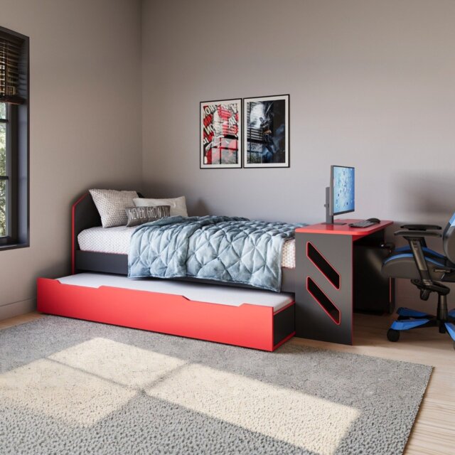 Recoil Portal Gaming Single Bed with Drawer Black & Red - image 1