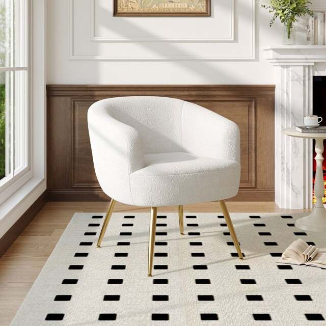 Living & Home White Teddy Fabric Armchair with Metal Legs - image 1