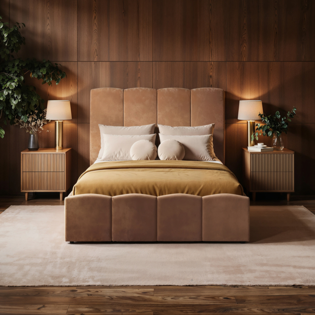 SOLACE+CO Enrica Upholstered Bed Frame with Padded Statement Headboard Brown Kingsize - image 1