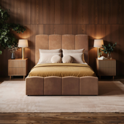SOLACE+CO Enrica Upholstered Bed Frame with Padded Statement Headboard Brown Kingsize