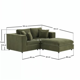 SOLACE+CO Asher 3 Seater Sofa with Reversible Footstool Khaki Green Velvet - thumbnail 5