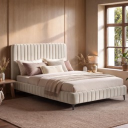 SOLACE+CO Adelaide Upholstered Bed Frame Beige Double - thumbnail 1