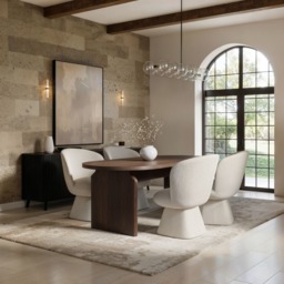 SOLACE+CO Varm Walnut-Effect Ribbed Dining Table with White Aiko Chairs Set-Table + 4 Chairs