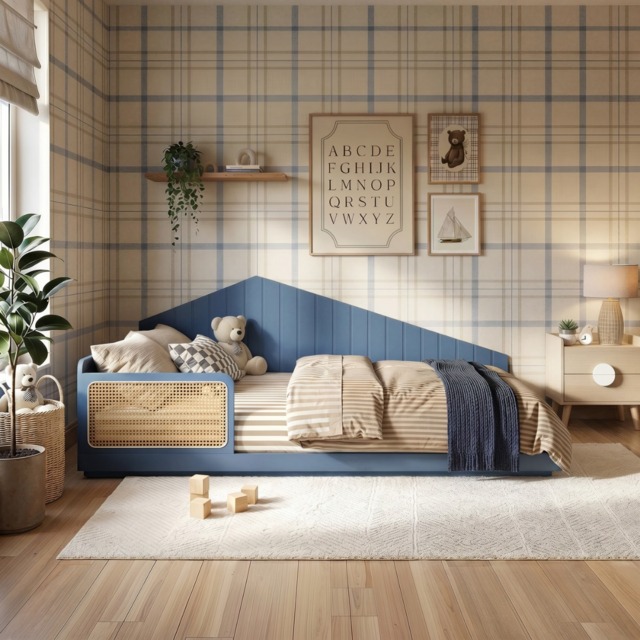 Flair Carter Small Double Montessori Bed with Rattan Panels Navy - image 1