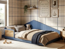 Flair Carter Small Double Montessori Bed with Rattan Panels Navy - thumbnail 2