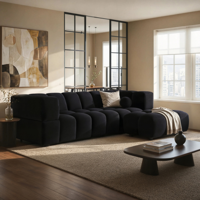 "SOLACE+CO Jenson 4 Seater Cloud Bubble Sofa with Footstool Black " - image 1