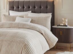 Paoletti Alpine Cut Stripe Faux Fur Duvet Set-Champagne-Double - thumbnail 2