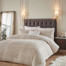 Paoletti Alpine Cut Stripe Faux Fur Duvet Set-Champagne-Double