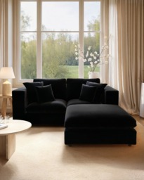 SOLACE+CO Asher 3 Seater Sofa with Reversible Footstool Black Velvet - thumbnail 1