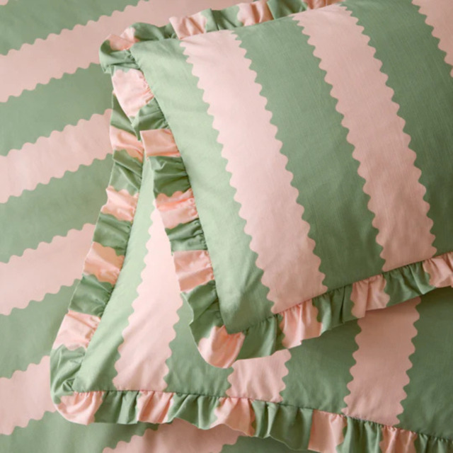 Furn Birdie Wavy Striped Ruffle Pillowcase Pair-Pink/Green - image 1