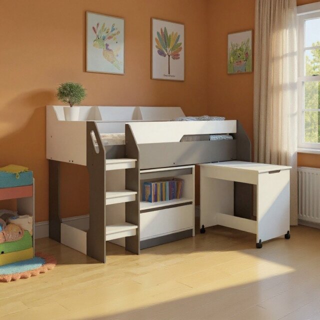 Flair Lulu Storage Mid Sleeper with Desk White & Grey