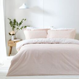 The Linen Yard Hebden Stripe Reversible Duvet Cover Set 100% Cotton-Double-Blush - thumbnail 1