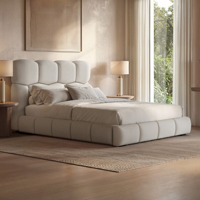 SOLACE+CO Irma Marshmallow Bed Frame Cream Chenille Double - image 1