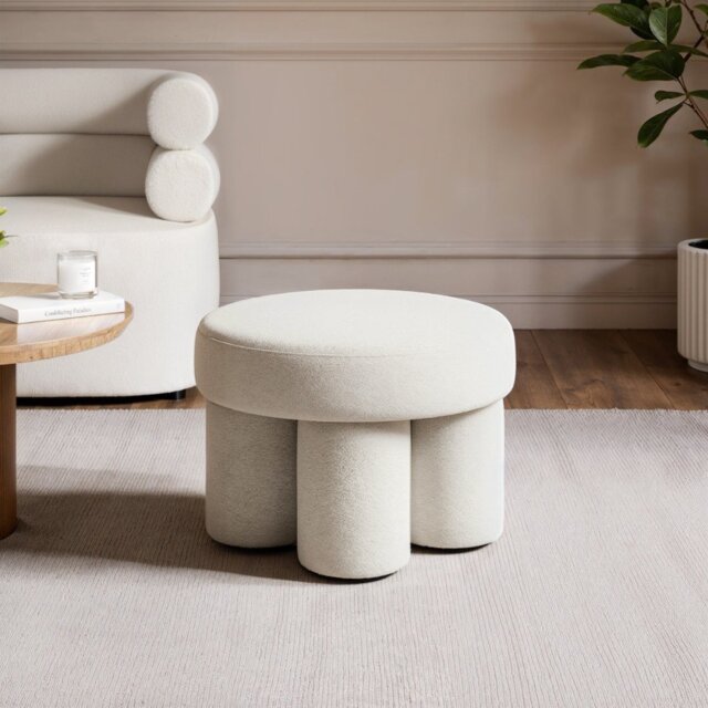 SOLACE+CO Ferro Low Round Pouffe Beige Sherpa Fleece - image 1