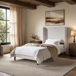 SOLACE+CO Jovanna Striped Bed with Winged Headboard Woven Fabric Brown Single - thumbnail 1