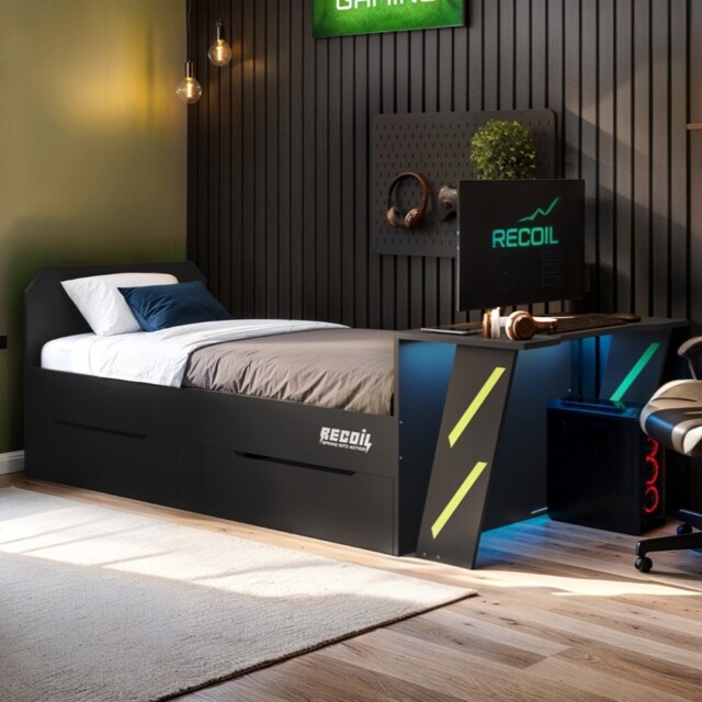 Recoil Alister Gaming Single Bed with Desk Charcoal & Green - image 1