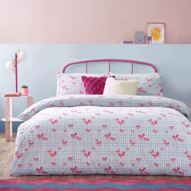 Heya Home Gingham Bows Duvet Cover Set Reversible Polycotton-Blue-Single - image 1