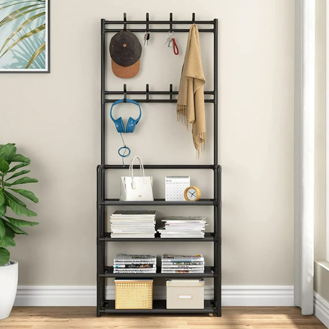 "Living & Home Entryway 4 Tier Shoe Rack with Coat Hanger-Black " - image 1