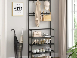 "Living & Home Entryway 4 Tier Shoe Rack with Coat Hanger-Black " - thumbnail 2