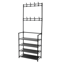 "Living & Home Entryway 4 Tier Shoe Rack with Coat Hanger-Black " - thumbnail 3
