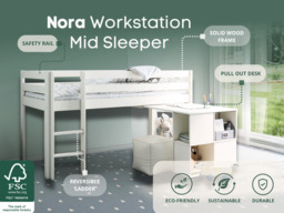 "Noomi Nora Workstation Mid Sleeper Bed White Solid Wood (FSC-Certified) " - thumbnail 2