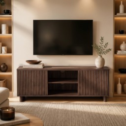 SOLACE+CO Velmor 120cm Ribbed TV Unit with Storage-Walnut